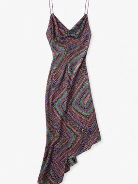 AllSaints‎ Alexia Luisa Dress Rainbow Blue Silk Blend Asymmetric Midi Slip Dress
